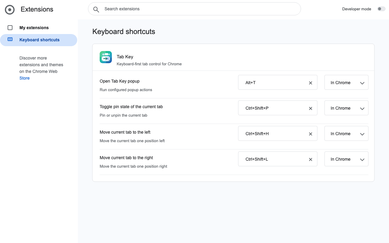 Tab Key options and Chrome shortcut configuration
